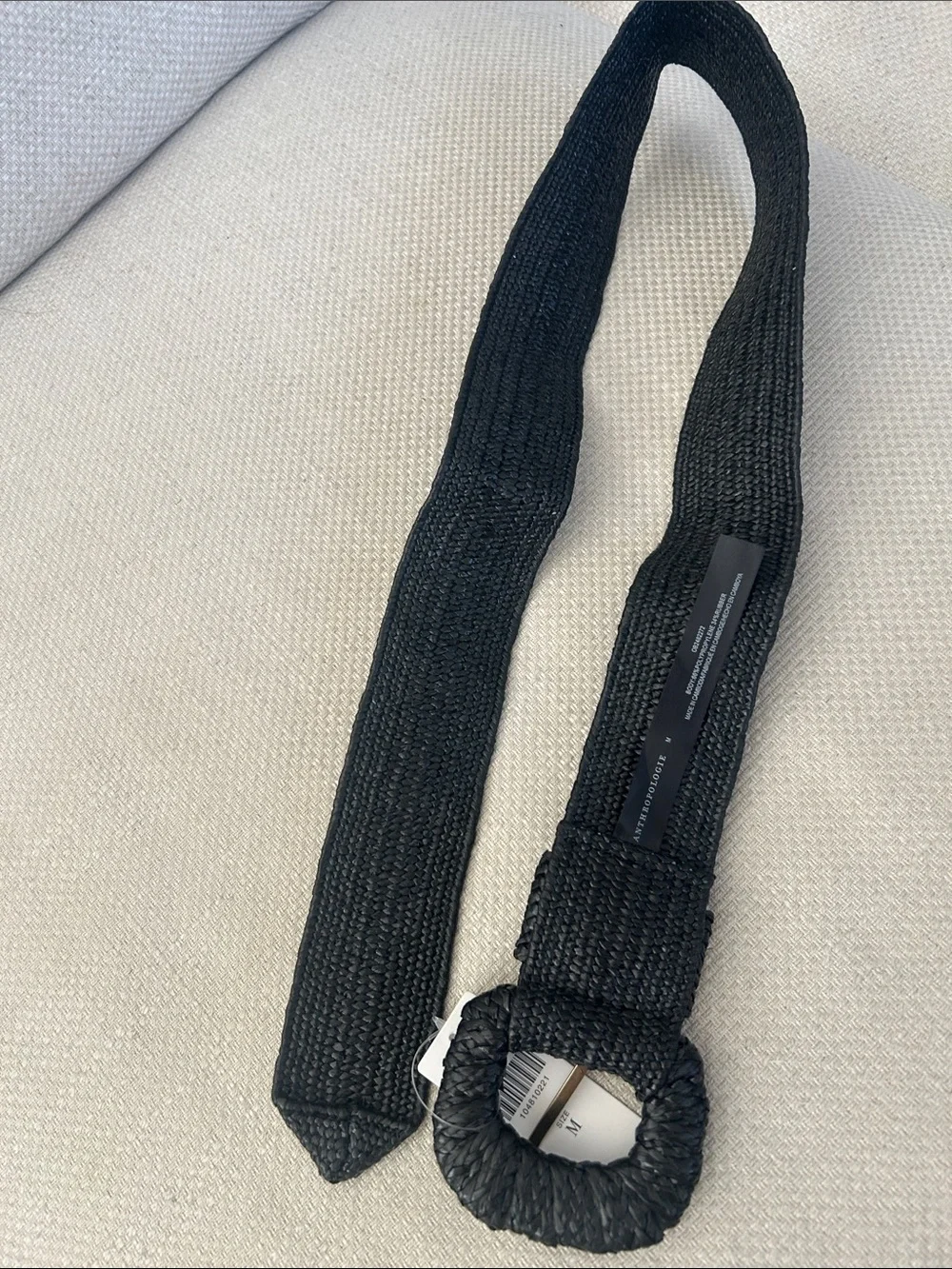 Anthropologie Black Textured Woven Belt with Round Wrapped Buckle